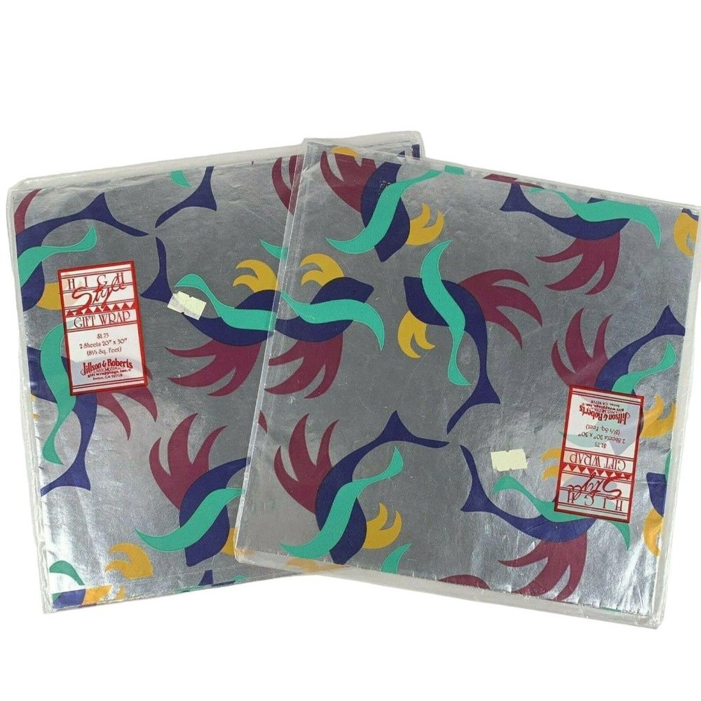 2 Vtg All Occasion Gift Wrap Sheets Pkgs Shiny Contemporary Fish Jillson Roberts